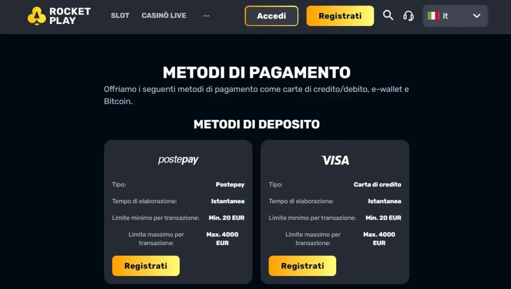 Metodi di pagamento su RocketPlay